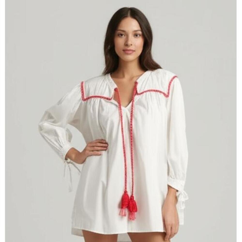 CROSBY by Mollie Burch Tunic Top Womens Size L White Red Accent Trim Ties Tassle